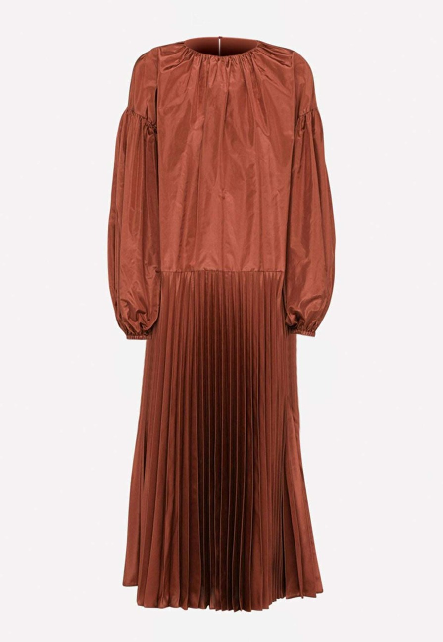 Dresses * | Valentino Washed Taffeta Pleated Midi Dress Brown