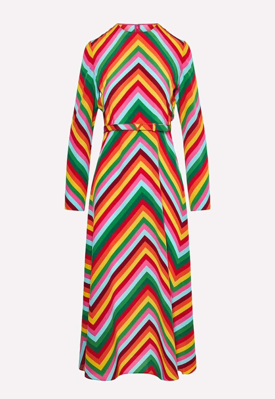 Dresses * | Valentino Chevron Print Crepe De Chine Midi Dress Multicolor