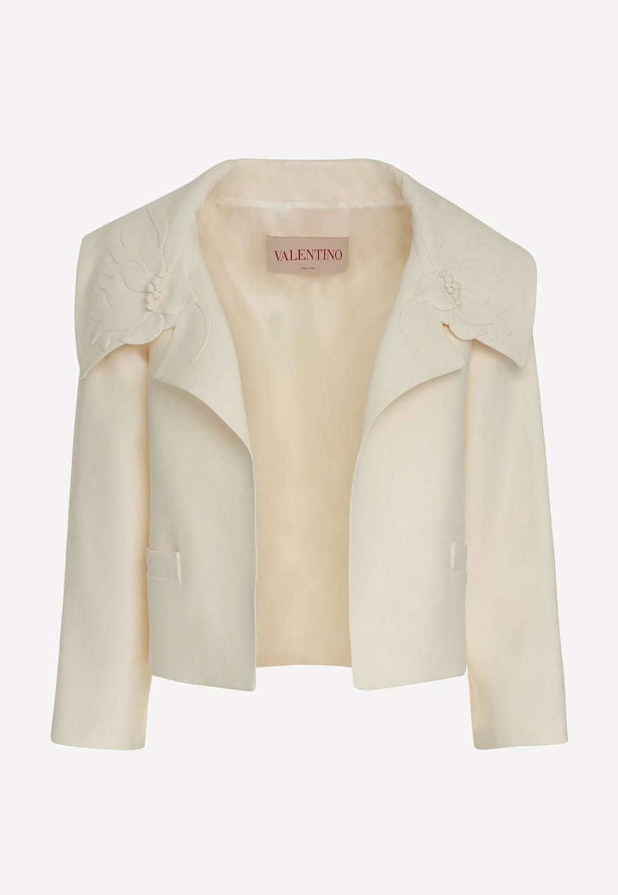 Evening * | Valentino Flower Embroidered Crepe Jacket Ivory