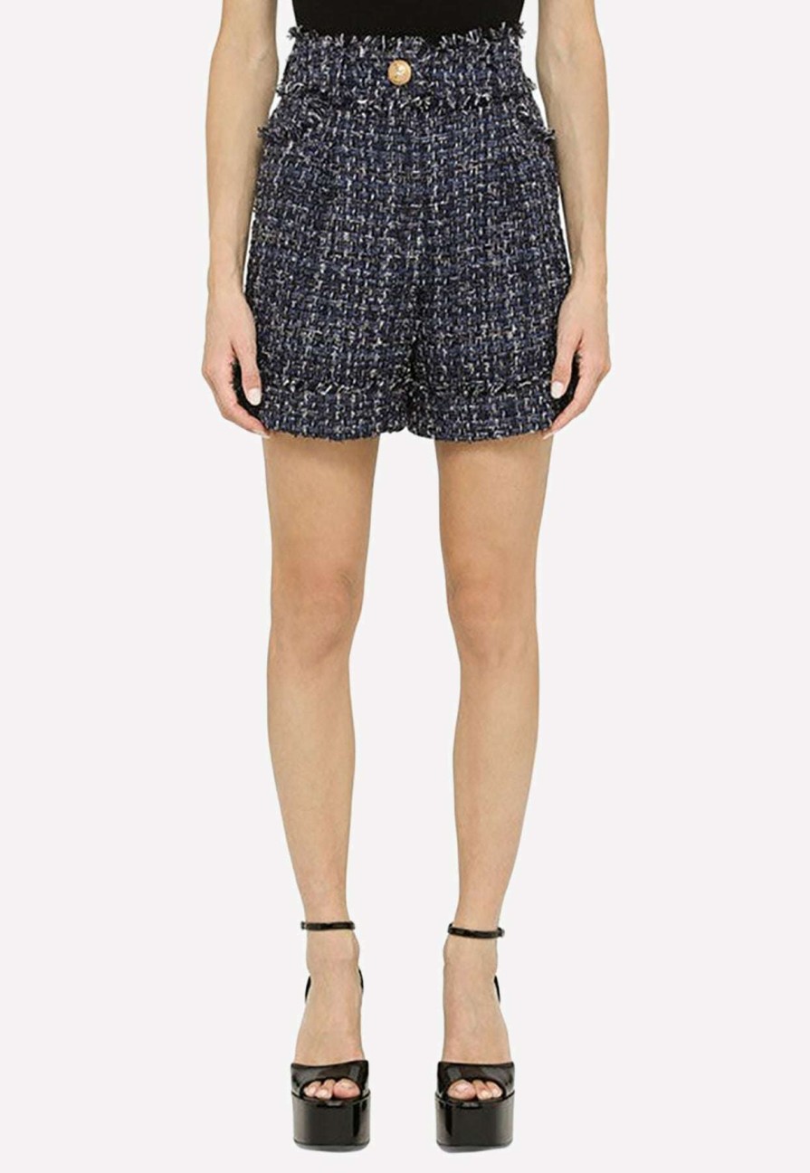 Shorts * | Balmain Tweed High-Waisted Shorts Blue