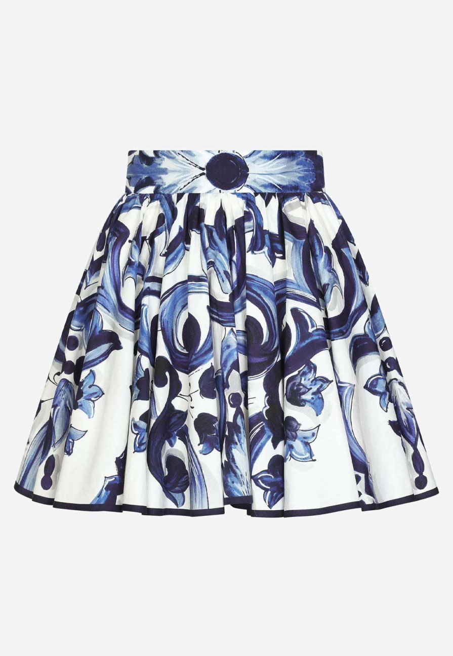 Skirts * | Dolce & Gabbana Majolica Print Pleated Mini Poplin Skirt Blue