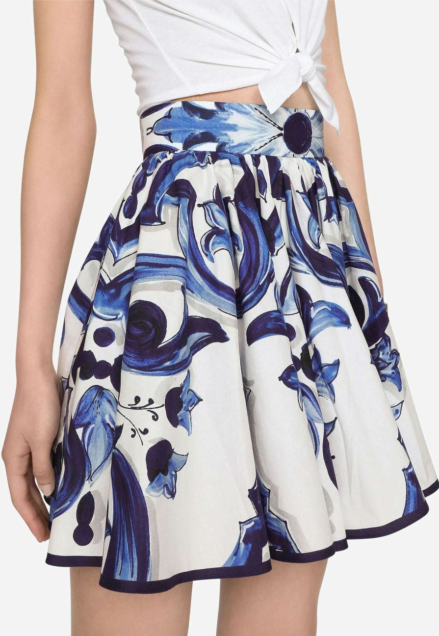 Skirts * | Dolce & Gabbana Majolica Print Pleated Mini Poplin Skirt Blue