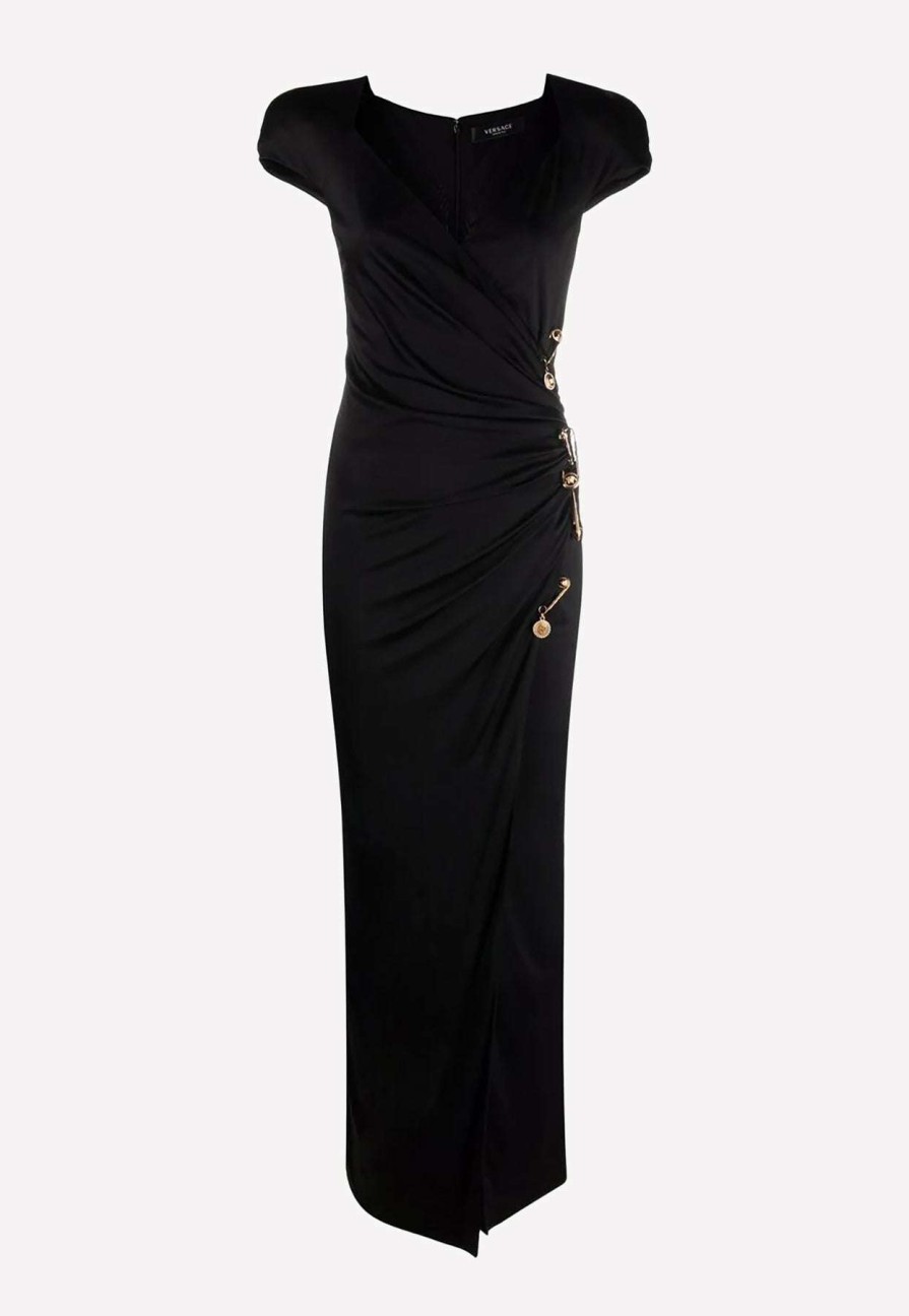 Evening * | Versace Safety Pin Draped Maxi Dress Black