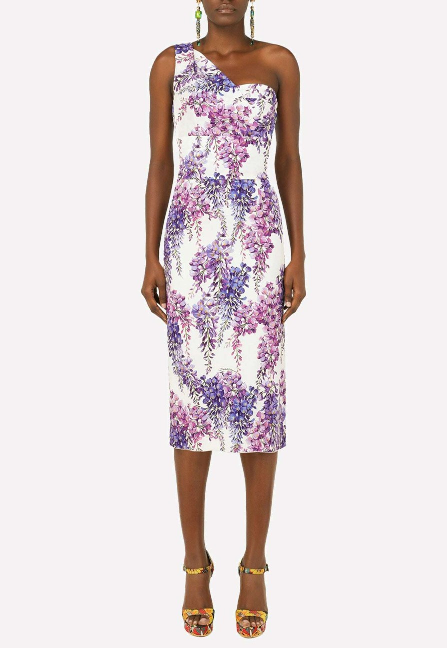 Evening * | Dolce & Gabbana One-Shoulder Floral Midi Dress Lavender