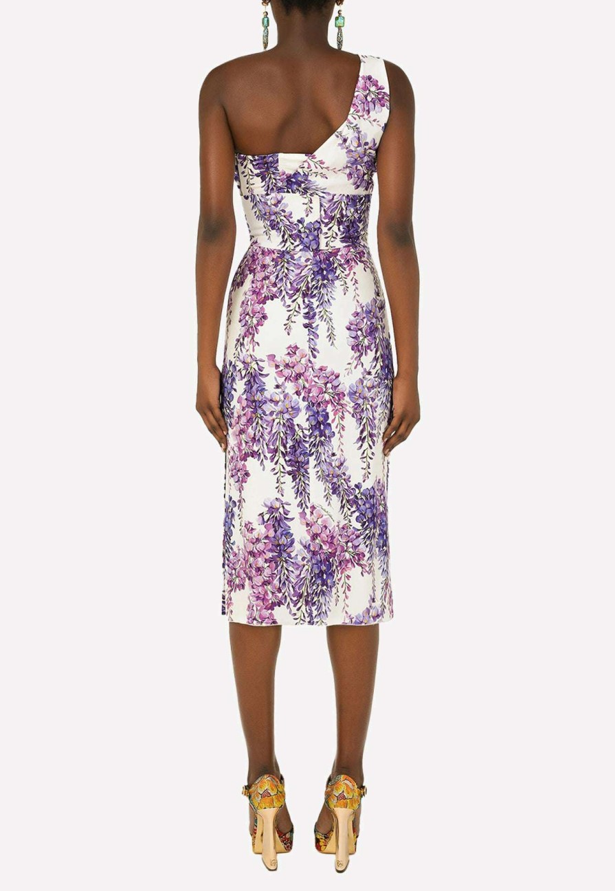 Evening * | Dolce & Gabbana One-Shoulder Floral Midi Dress Lavender