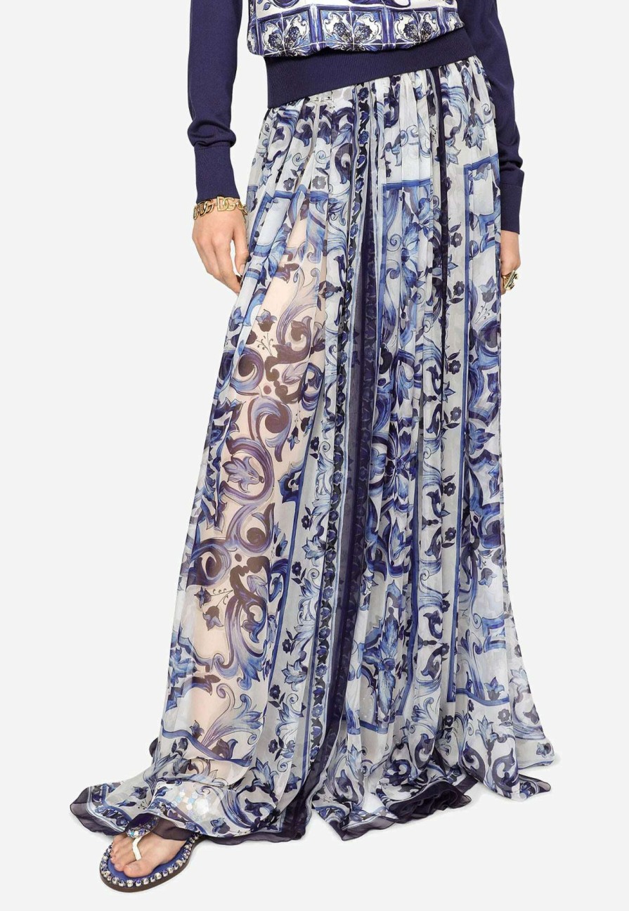 Skirts * | Dolce & Gabbana Majolica Print Maxi Chiffon Skirt Blue