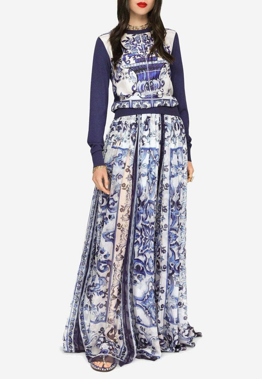 Skirts * | Dolce & Gabbana Majolica Print Maxi Chiffon Skirt Blue