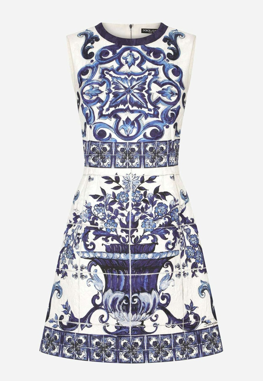 Dresses * | Dolce & Gabbana Majolica Print Brocade Mini Dress Blue