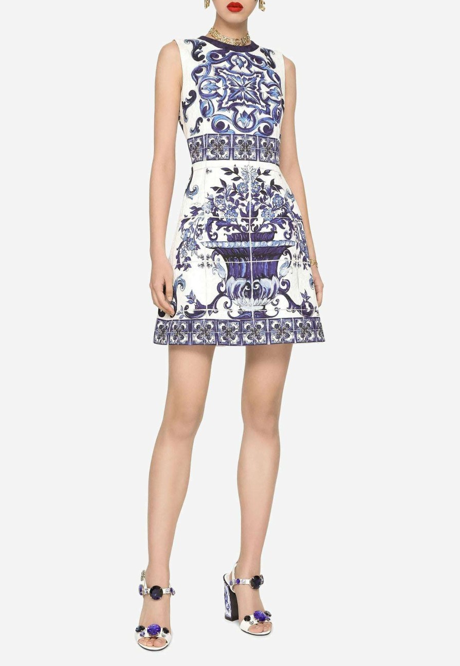 Dresses * | Dolce & Gabbana Majolica Print Brocade Mini Dress Blue