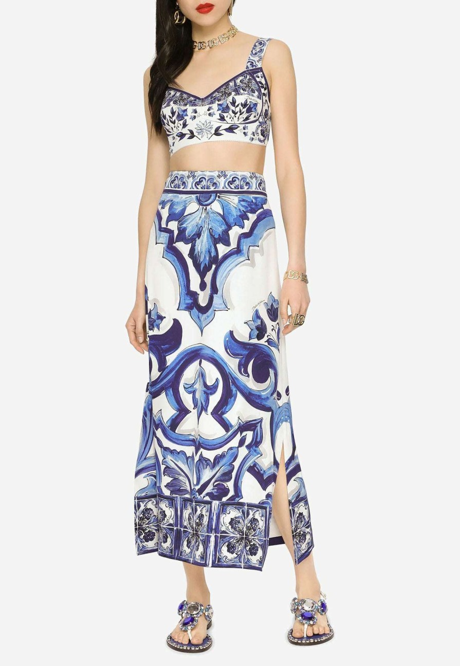 Skirts * | Dolce & Gabbana Majolica Print High-Waist Midi Skirt Blue