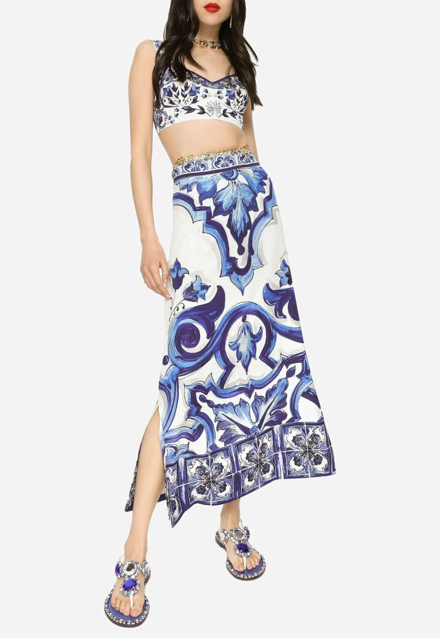 Skirts * | Dolce & Gabbana Majolica Print High-Waist Midi Skirt Blue