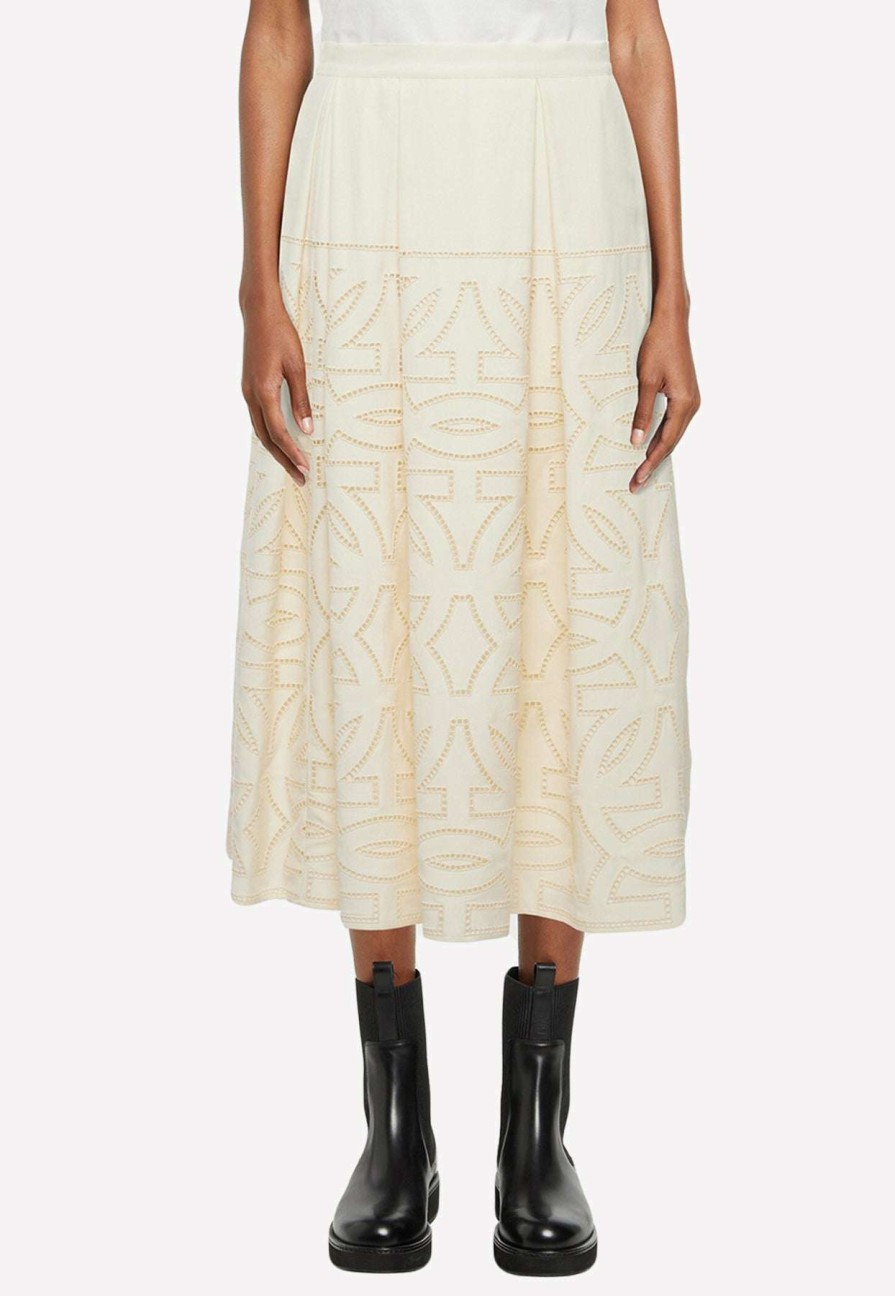 Skirts * | Salvatore Ferragamo Broderie Anglaise Pleated Midi Skirt Off-White