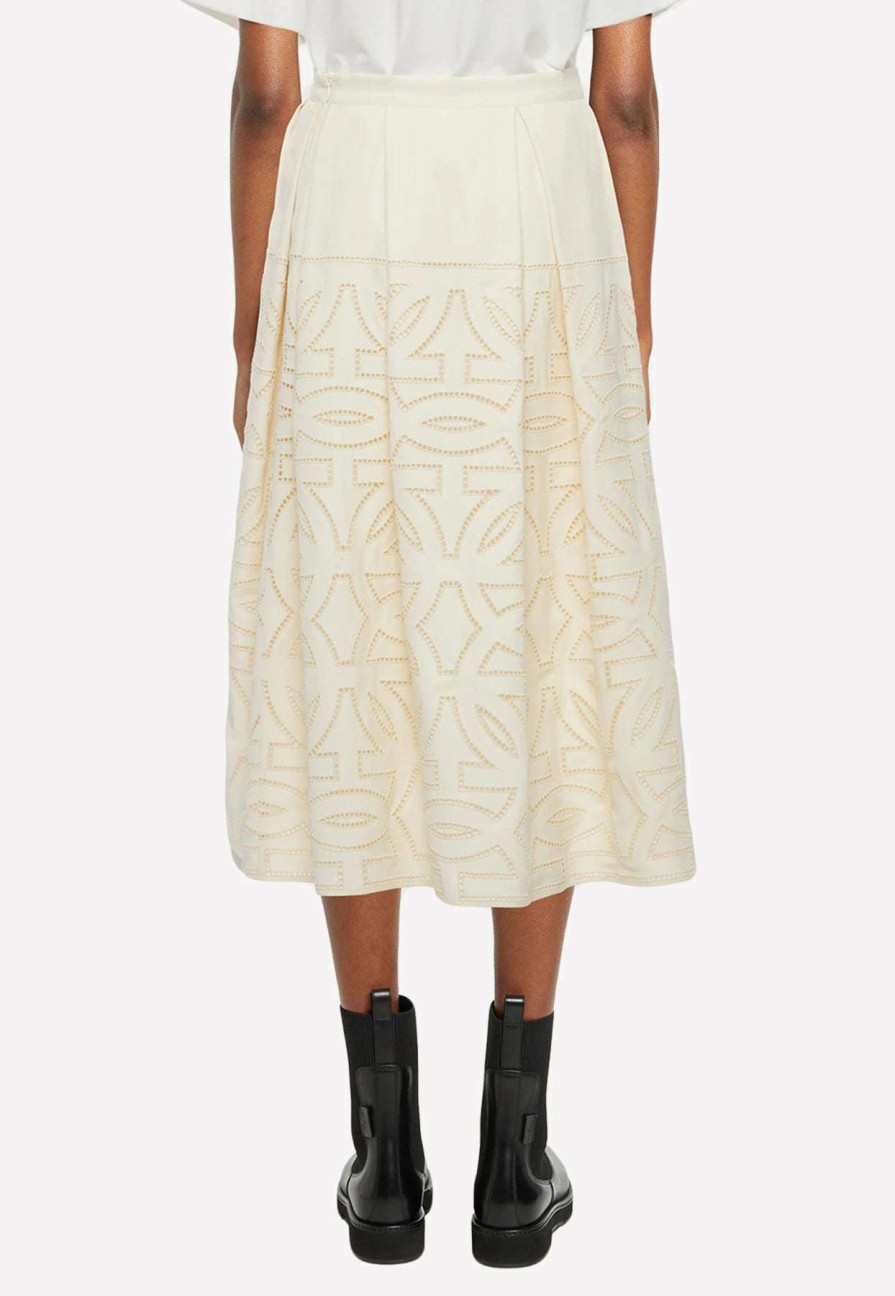 Skirts * | Salvatore Ferragamo Broderie Anglaise Pleated Midi Skirt Off-White