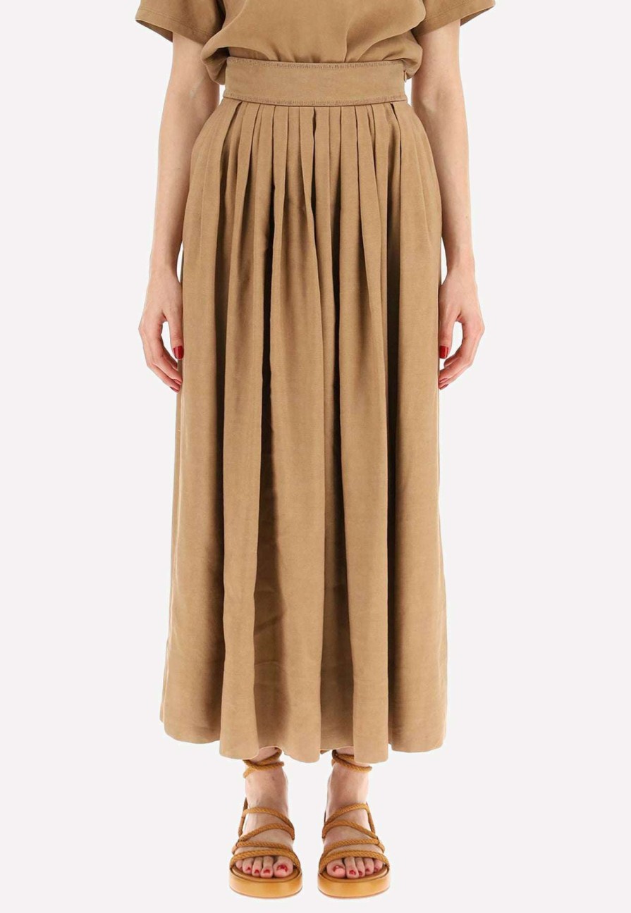 Skirts * | Chloe High-Waist Pleated Midi Skirt Brown