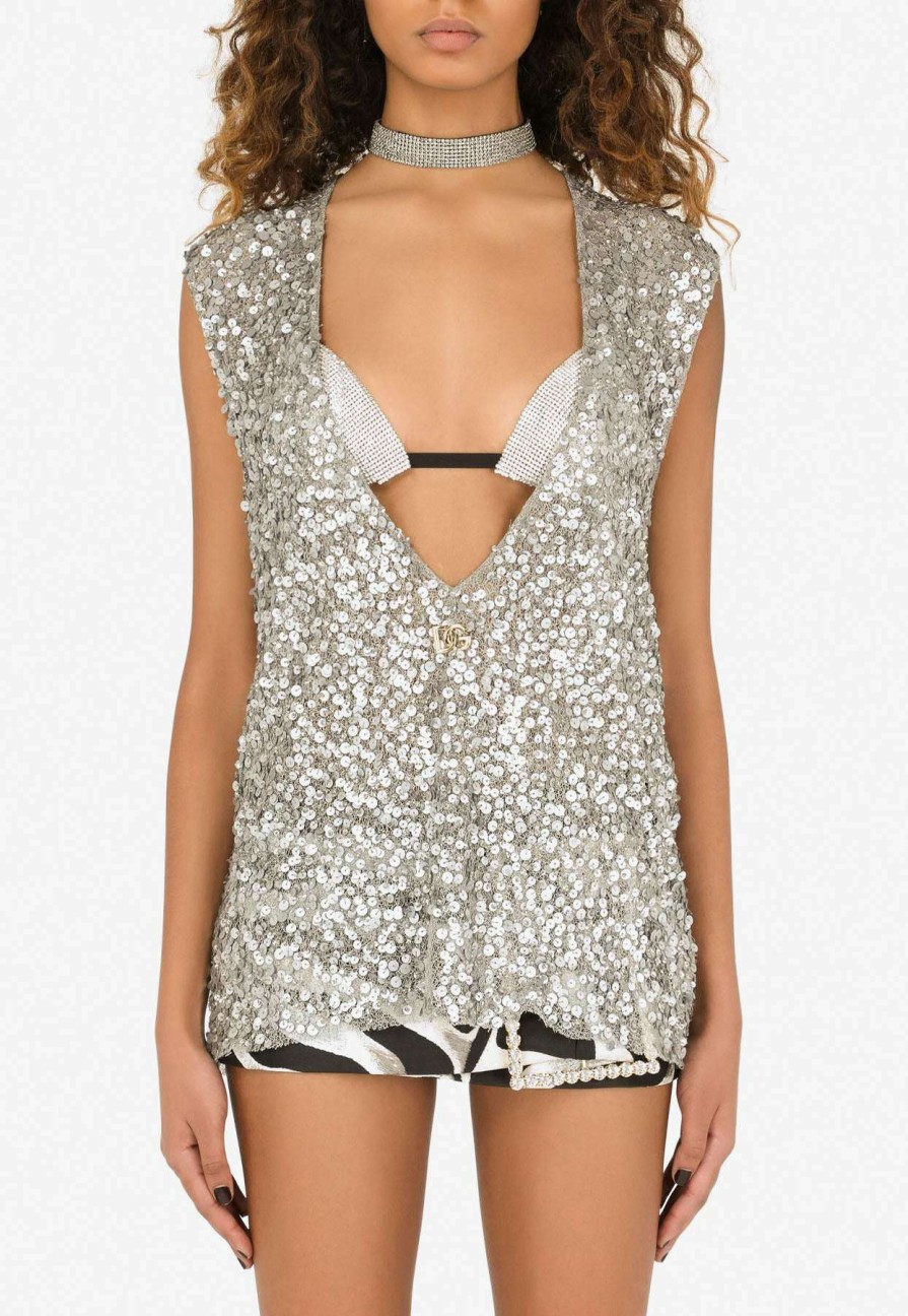 Evening * | Dolce & Gabbana Sequins Embellished Sleeveless Top Silver