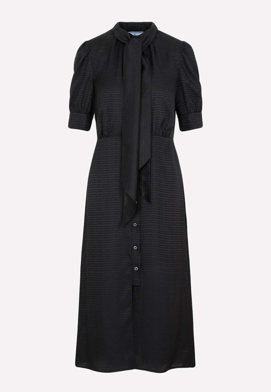 Evening * | Prada Jacquard Silk Midi Dress With Scarf Detail Black