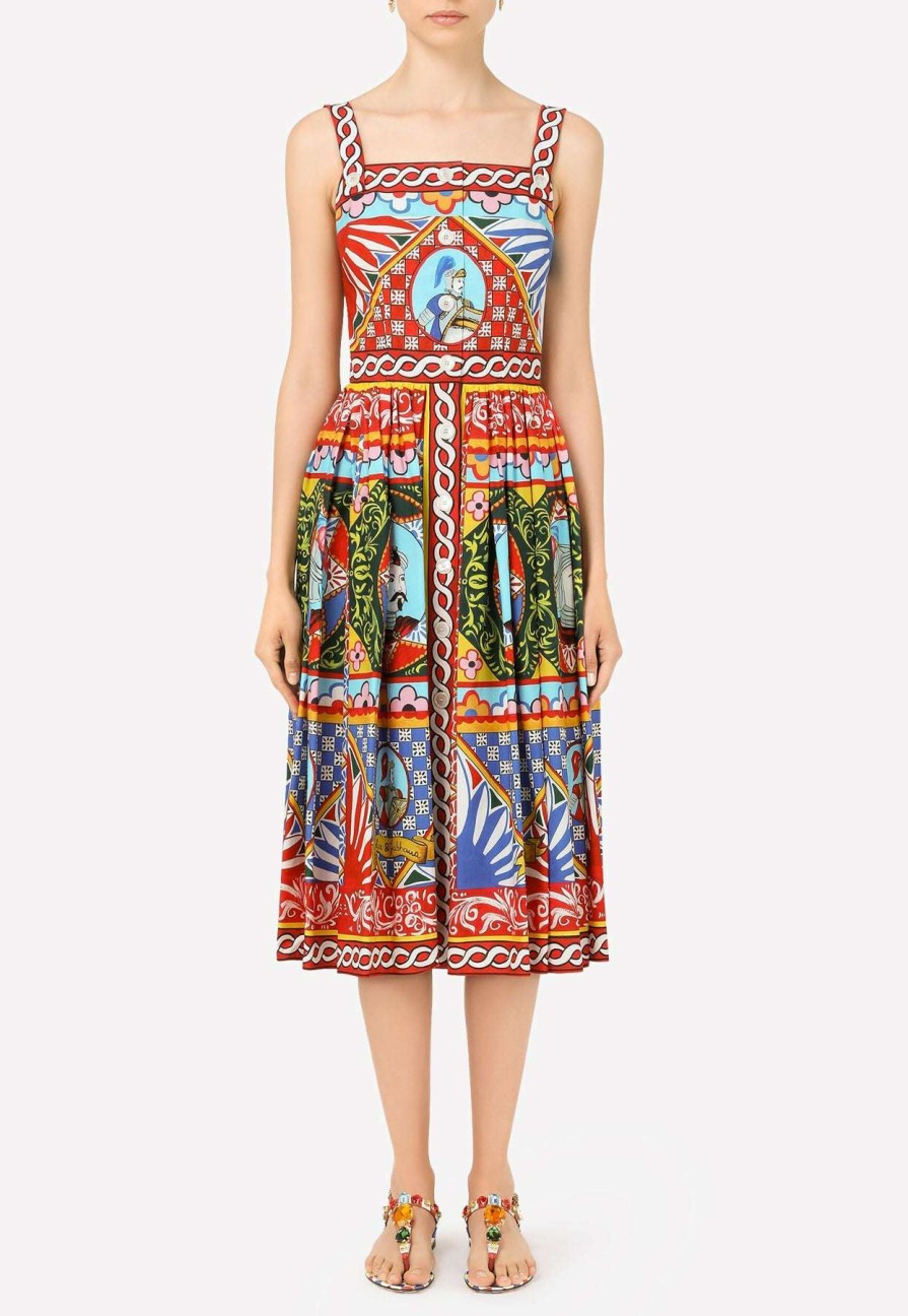 Dresses * | Dolce & Gabbana Carretto Print Square-Neck Cotton Dress Multicolor