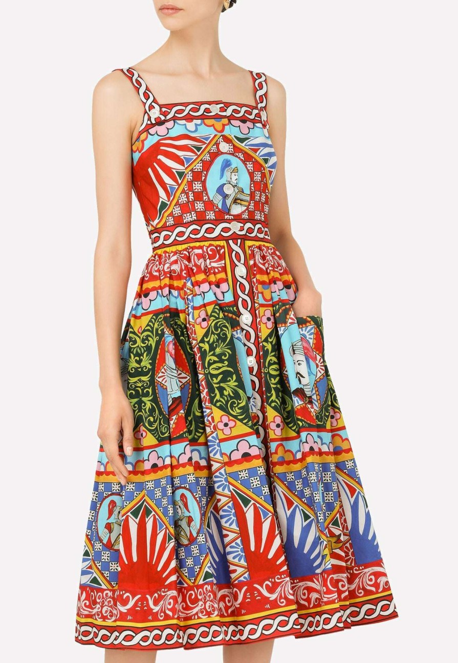 Dresses * | Dolce & Gabbana Carretto Print Square-Neck Cotton Dress Multicolor