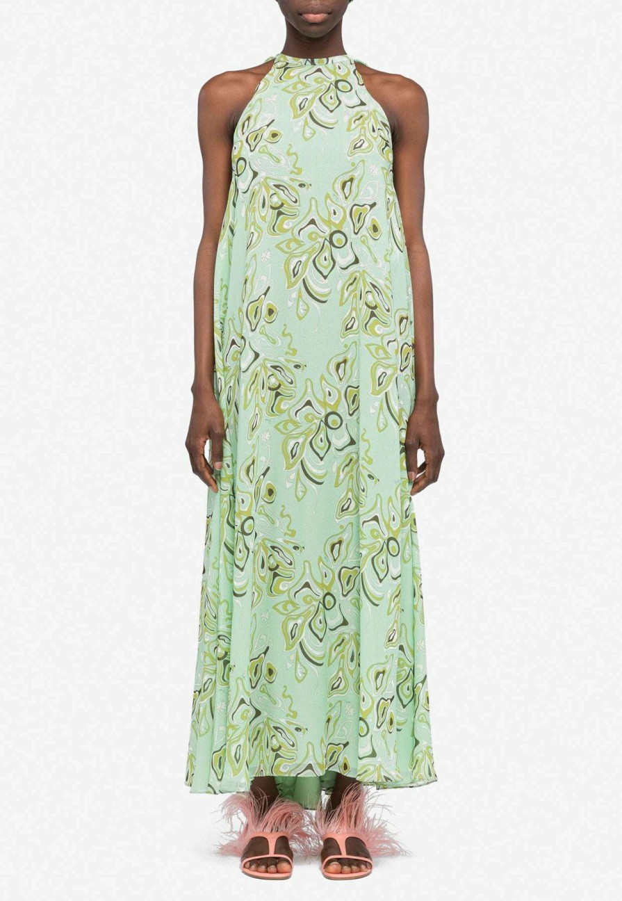 Dresses * | Emilio Pucci Africana Print Halterneck Silk Dress Mint