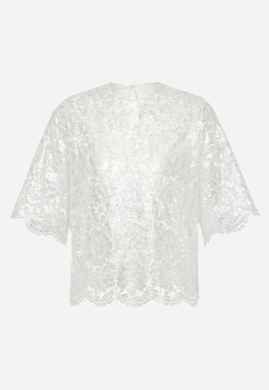 Evening * | Valentino Heavy Short-Sleeved Lace Top Silver