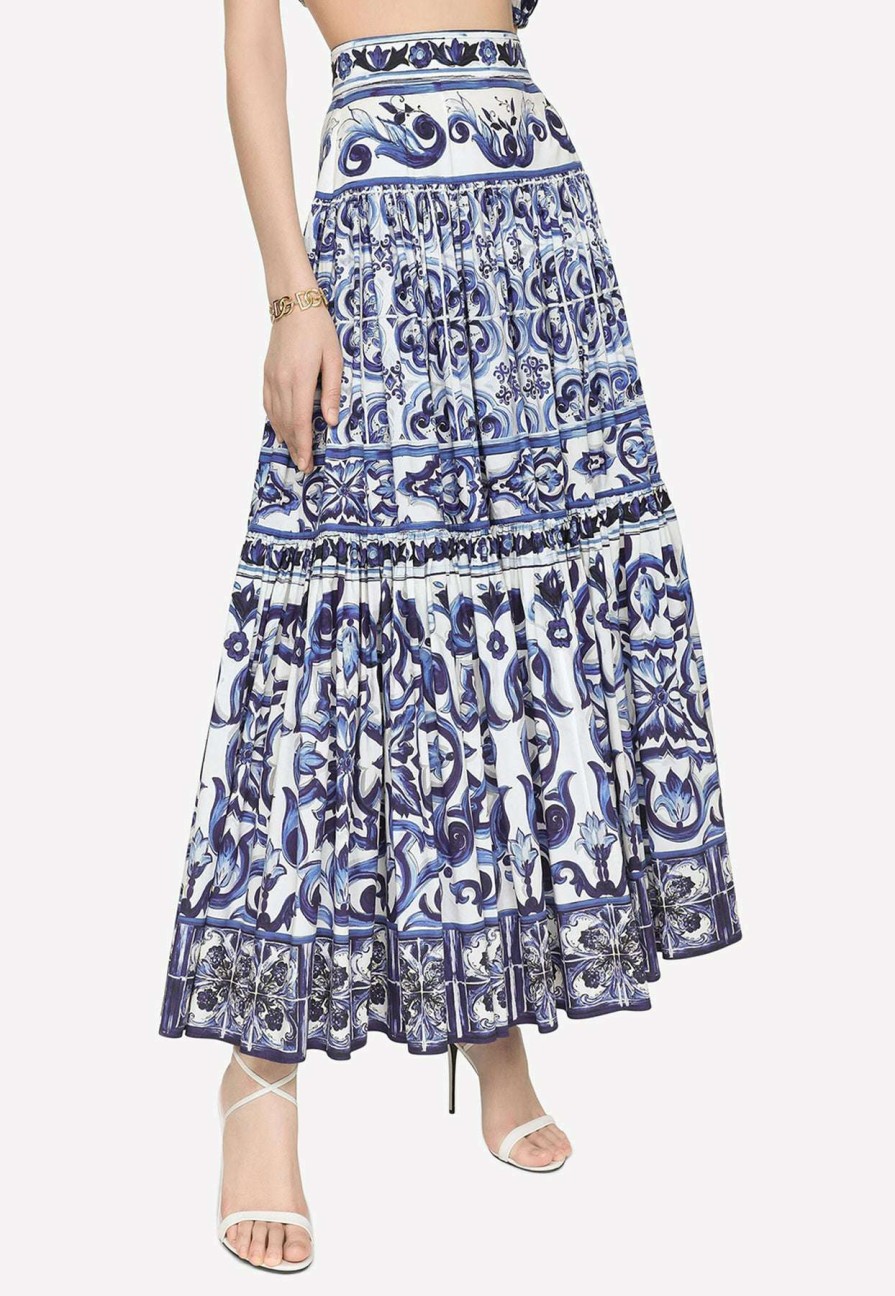 Skirts * | Dolce & Gabbana Majolica Print Poplin Midi Skirt Blue