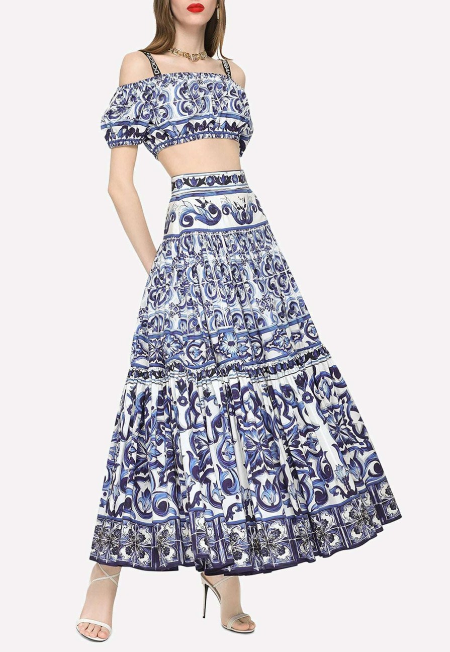 Skirts * | Dolce & Gabbana Majolica Print Poplin Midi Skirt Blue