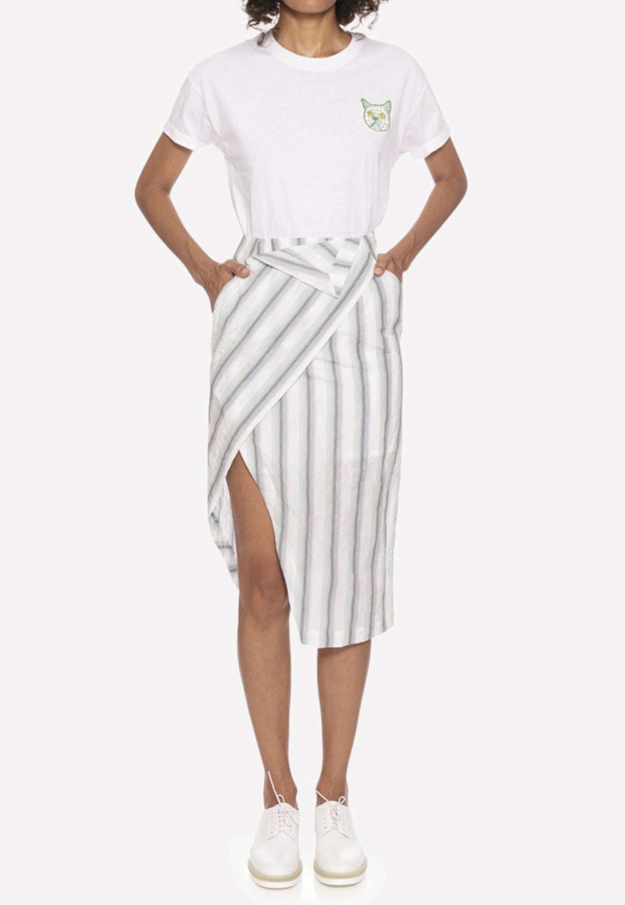 Skirts * | Dawei Striped Cotton Wrap Skirt With Slit White