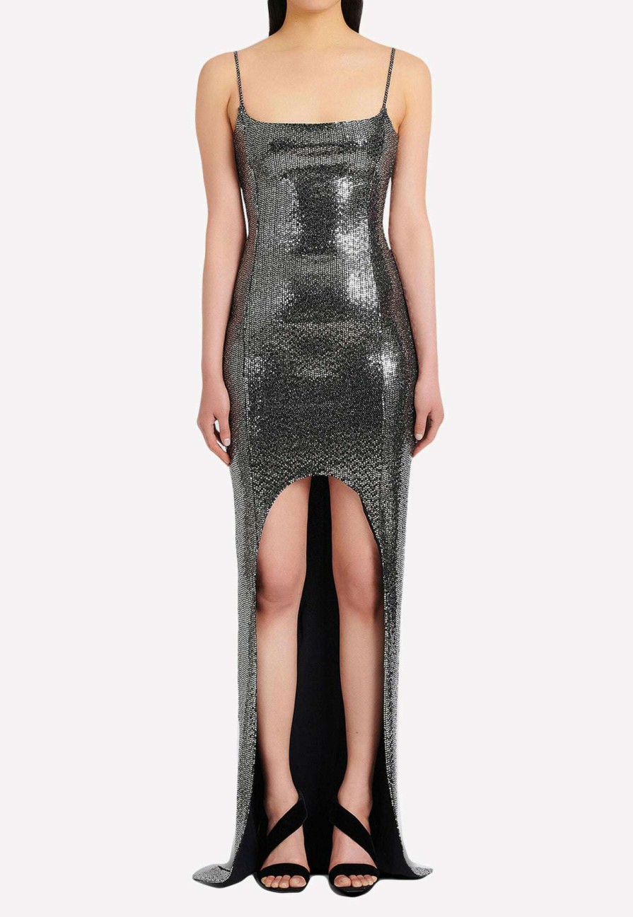 Dresses * | Balmain Crystal-Embellished Asymmetric Gown Silver