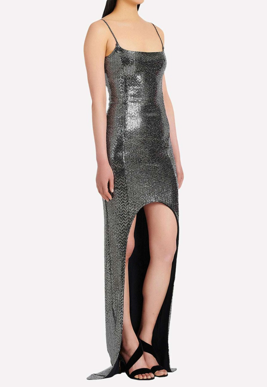 Dresses * | Balmain Crystal-Embellished Asymmetric Gown Silver