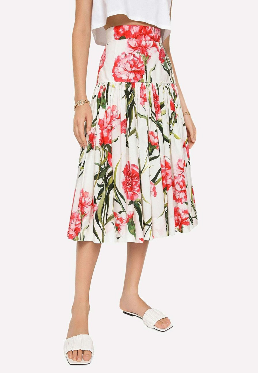 Skirts * | Dolce & Gabbana Carnation Print Pleated Midi Skirt Multicolor