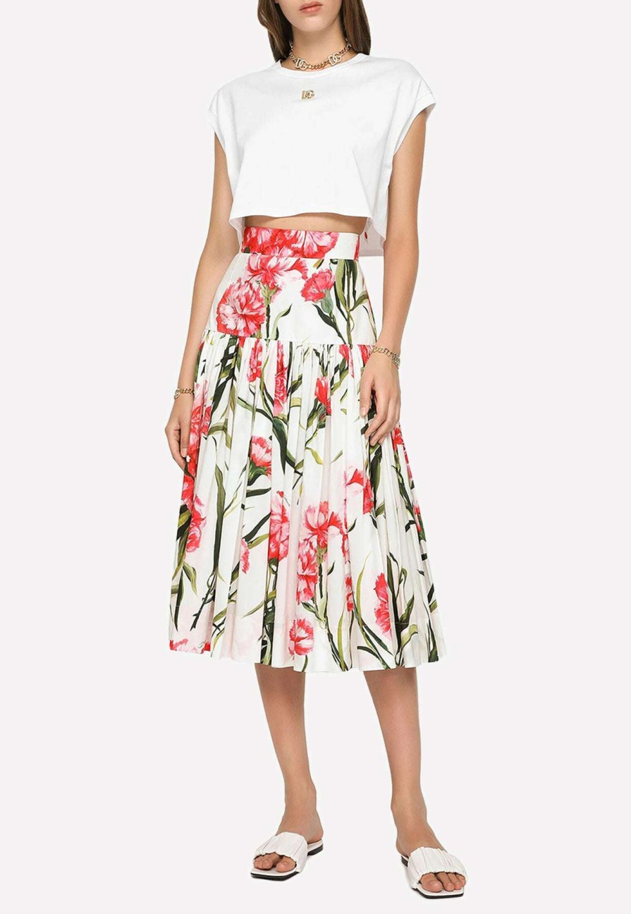 Skirts * | Dolce & Gabbana Carnation Print Pleated Midi Skirt Multicolor