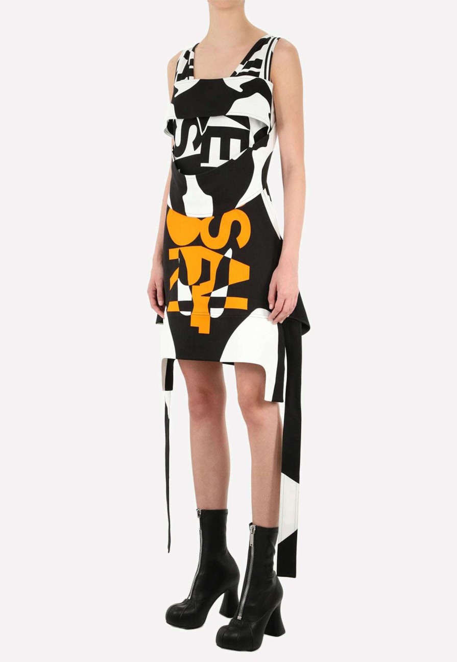 Dresses * | Burberry Printed Mini Dress With Oversized Fringe Monochrome