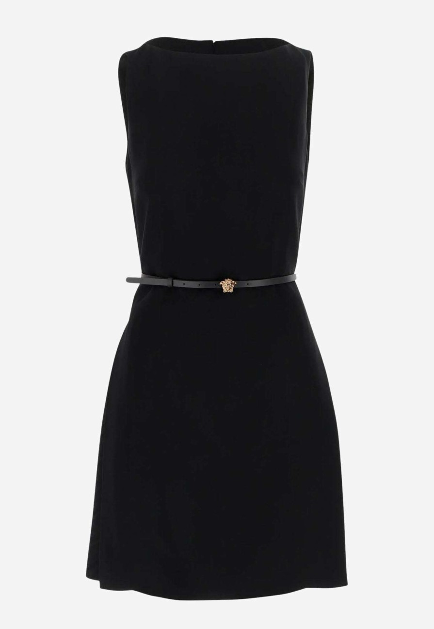 Dresses * | Versace Belted Sleeveless Mini Cady Dress Black