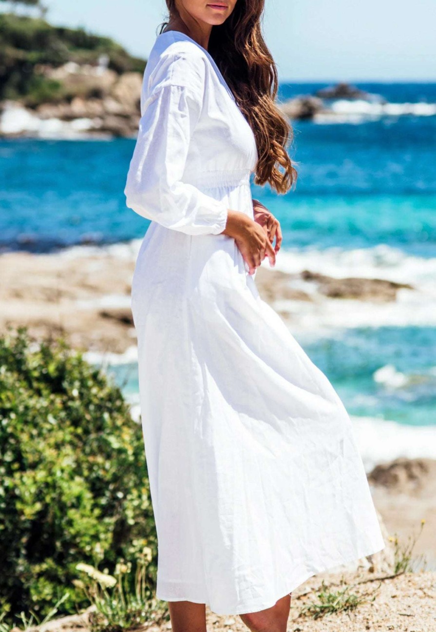 Dresses * | Les Canebiers Eau Vive Elastic Waist Maxi Dress White