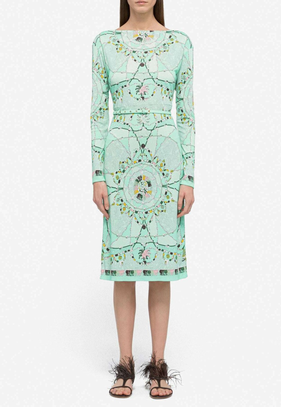 Evening * | Emilio Pucci Cyprea Print Marilyn Belted Dress Mint