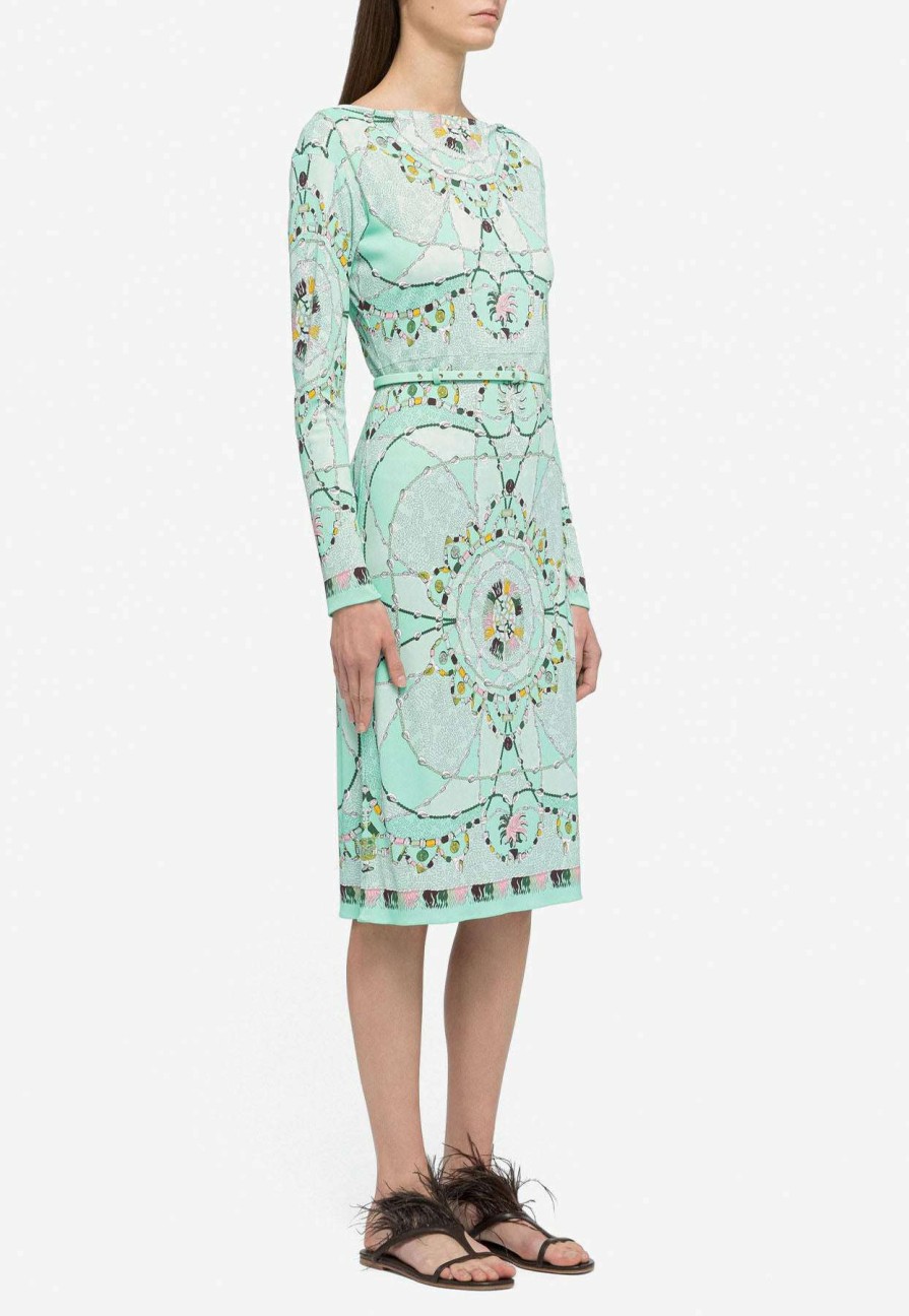 Evening * | Emilio Pucci Cyprea Print Marilyn Belted Dress Mint