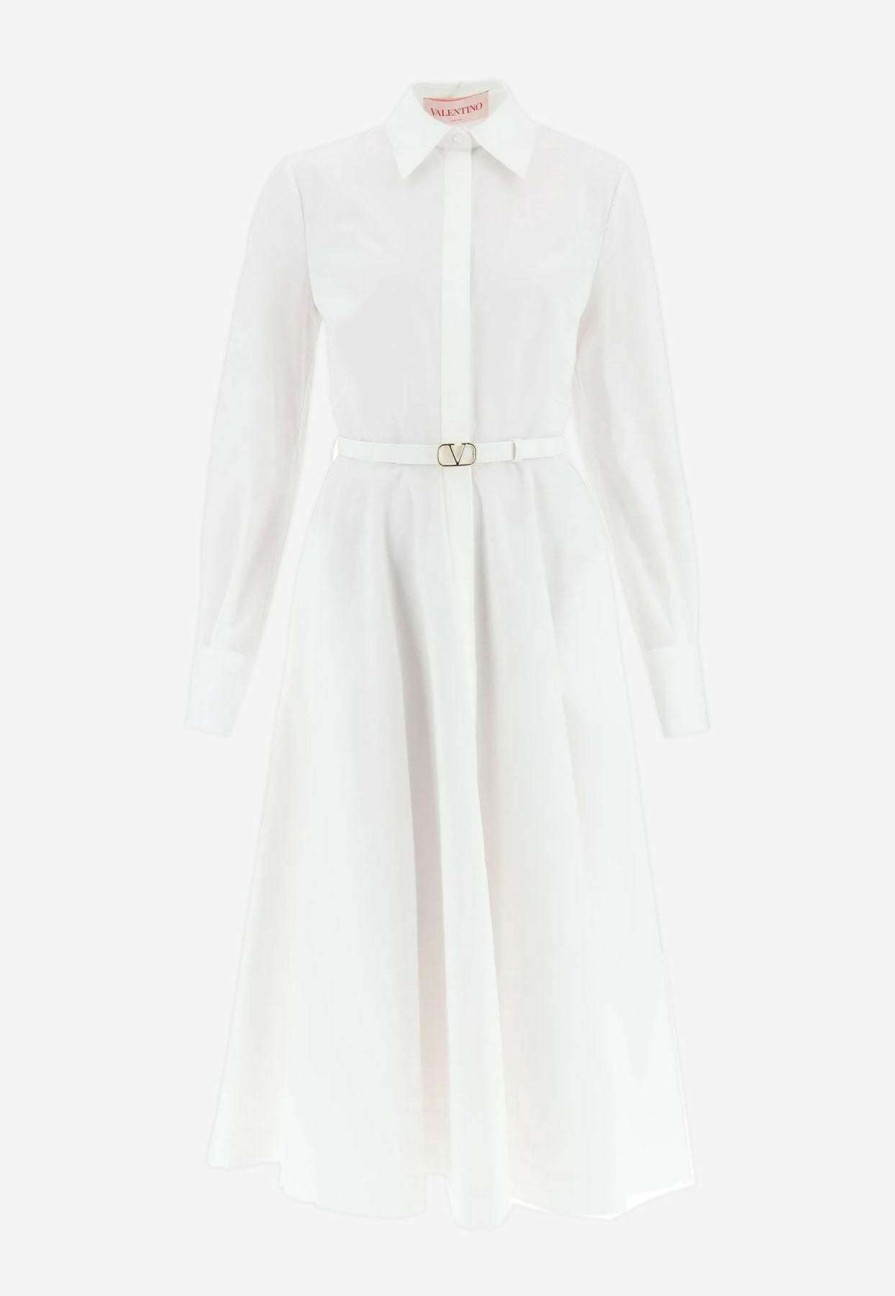 Dresses * | Valentino Long-Sleeved Midi Shirt Dress With Vlogo Belt White