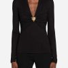 Evening * | Roberto Cavalli Panther Head Gathered V-Neck Top Black