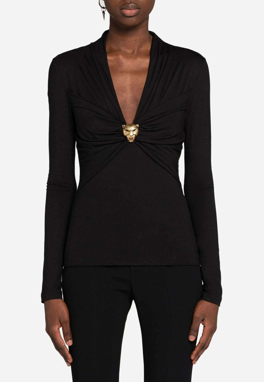 Evening * | Roberto Cavalli Panther Head Gathered V-Neck Top Black