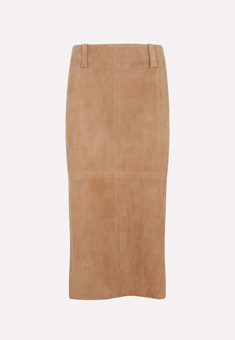 Skirts * | Brunello Cucinelli Suede Midi Pencil Skirt Brown