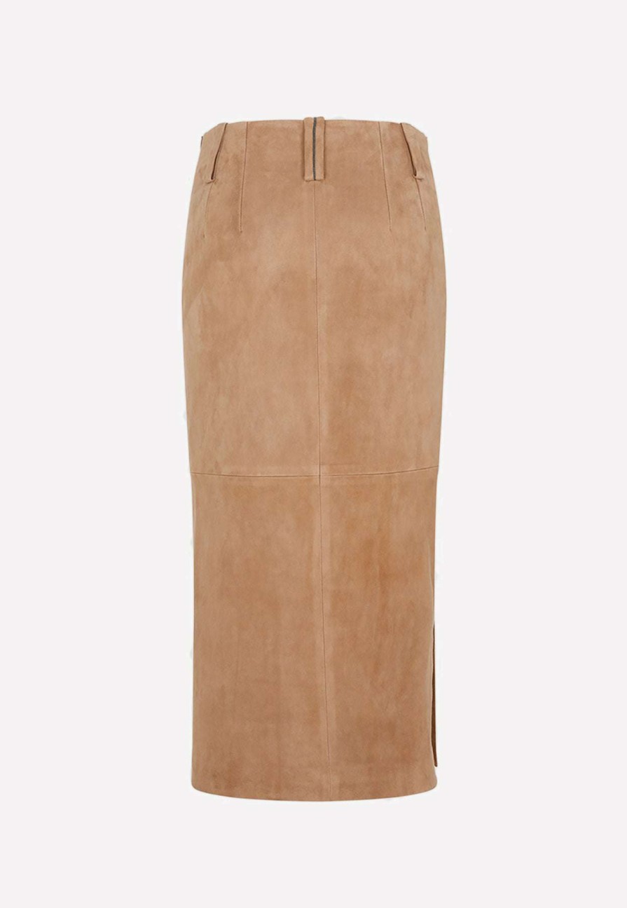 Skirts * | Brunello Cucinelli Suede Midi Pencil Skirt Brown