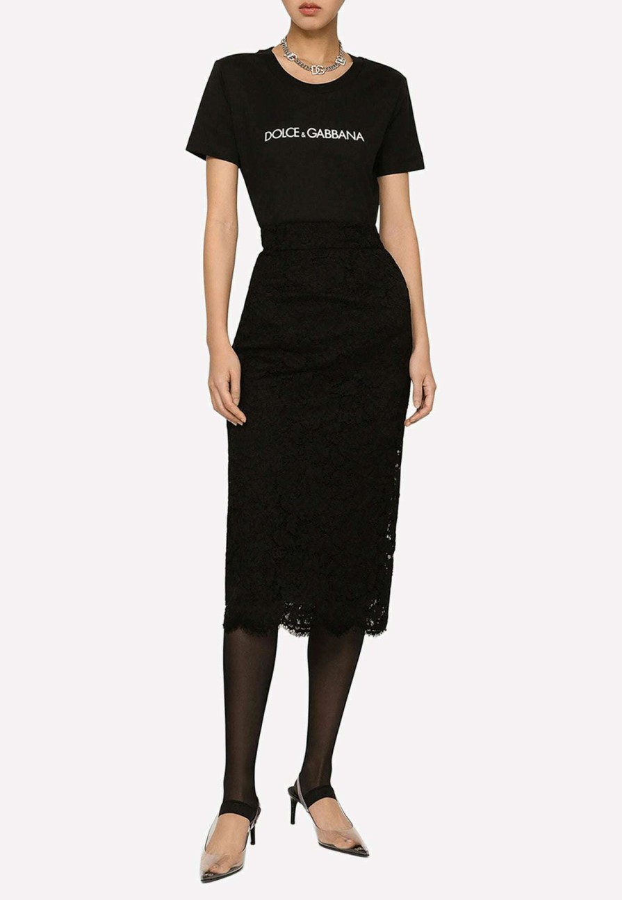 Skirts * | Dolce & Gabbana High-Waist Lace Midi Skirt Black