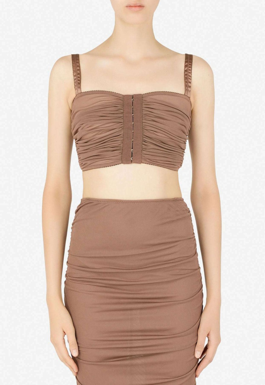 Evening * | Dolce & Gabbana Ruched Cropped Top In Viscose Brown