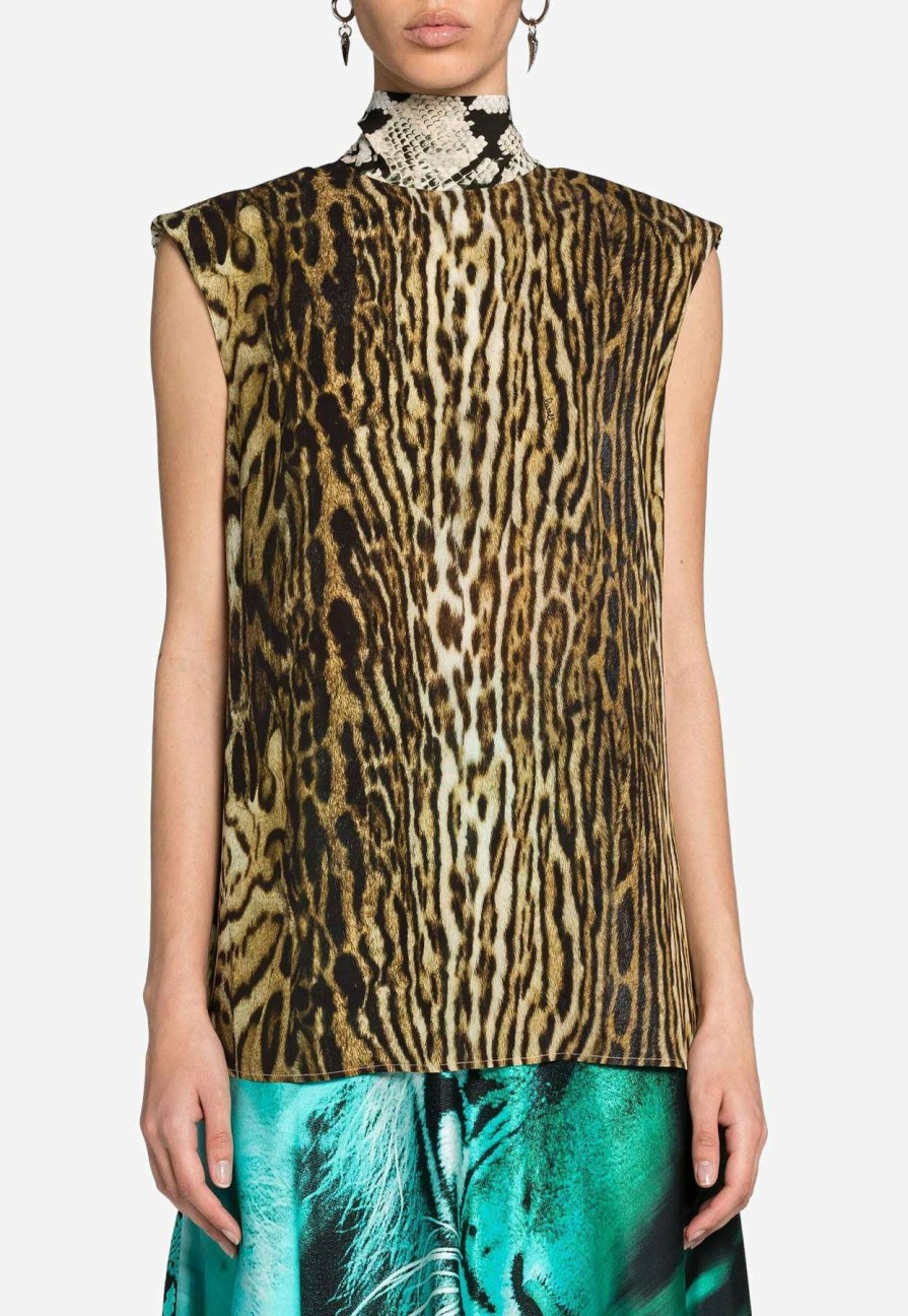 Evening * | Roberto Cavalli Animal Print Tie-Neck Top Multicolor