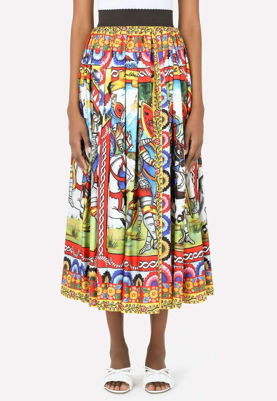 Skirts * | Dolce & Gabbana Carretto Print Pleated Silk Twill Midi Skirt Multicolor