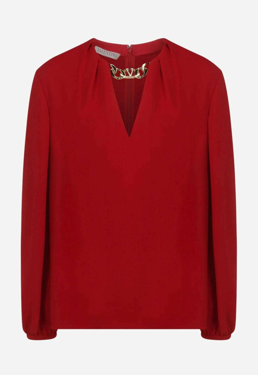 Evening * | Valentino V-Neck Cady Couture Blouse With Vlogo Chain Red