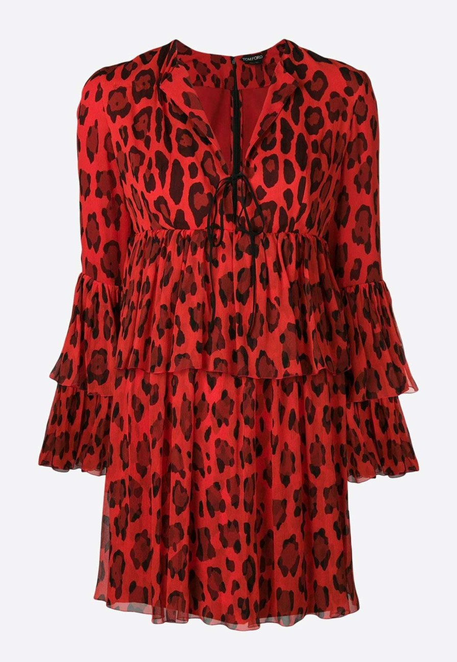 Dresses * | Tom Ford Leopard Print Silk Mini Dress Red