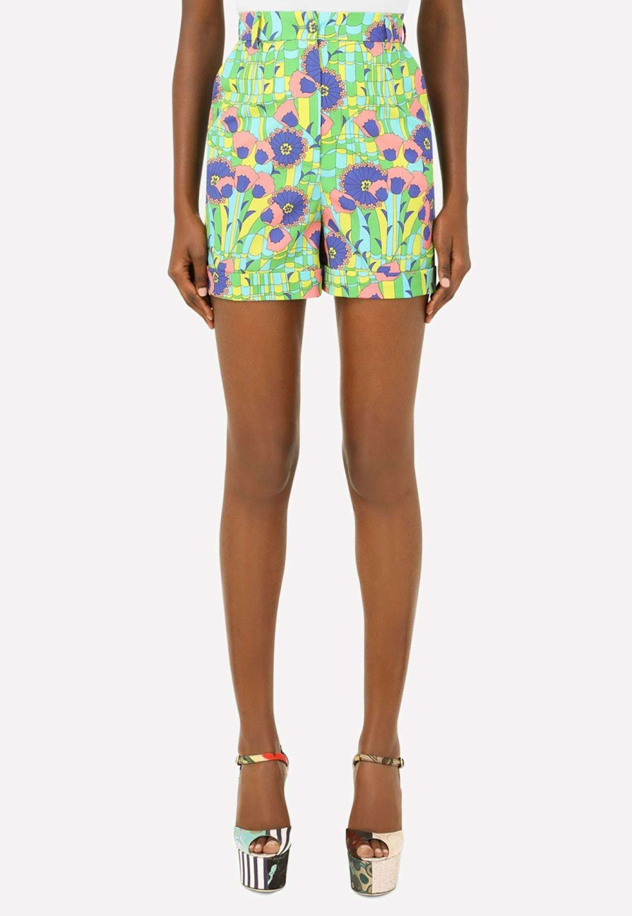 Shorts * | Dolce & Gabbana 60'S Print High-Waist Gabardine Shorts Green