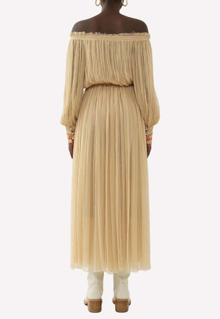 Dresses * | Chloe Off-Shoulder Gathered Silk Crepe Midi Dress Beige