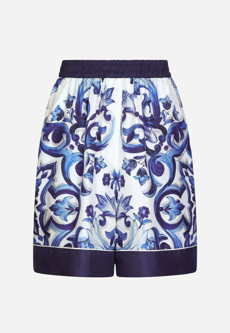 Shorts * | Dolce & Gabbana Majolica Print High-Waist Silk Twill Shorts Blue